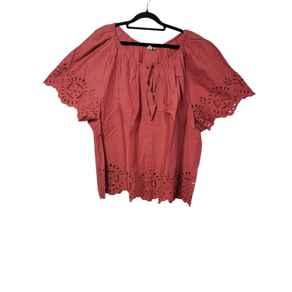 A New Day Women's Short Sleeve V-Neck Button-Front Eyelet Blouse Pink Sz 3X